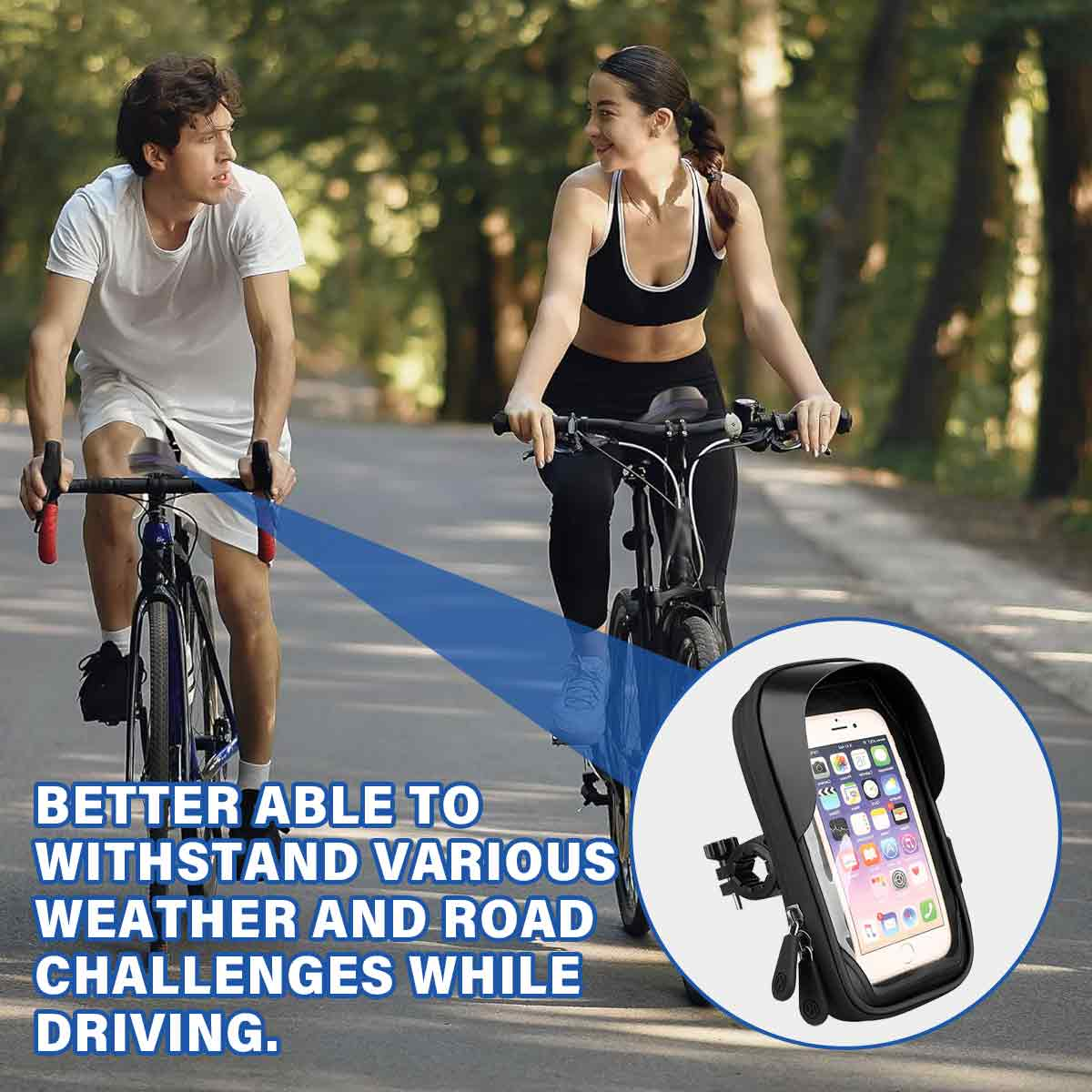 Zwei Radfahrer, einer mit Telefonhalter. Der Halter wird mit Telefon gezeigt.