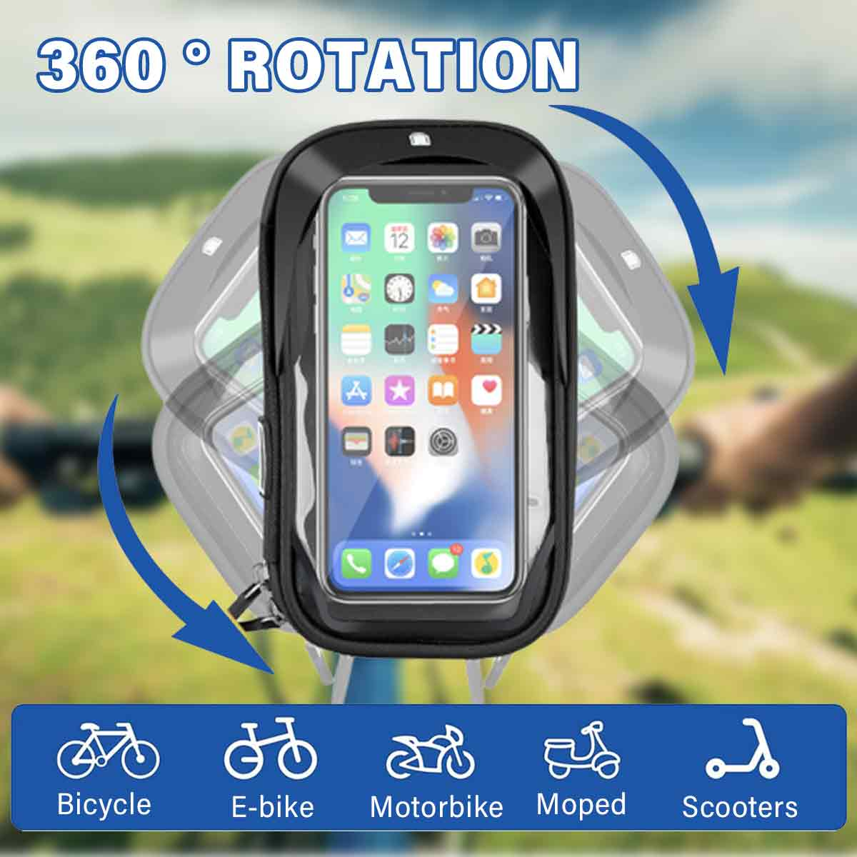 Ein Telefon in einer am Fahrrad montierten, wasserdichten Hülle, mit Icons.