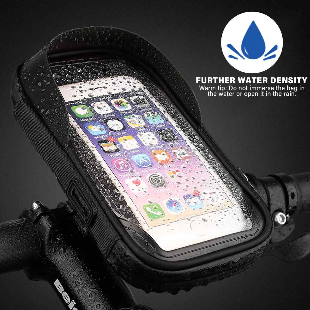 Ein Telefon in einer wasserdichten Hülle an einem Fahrradlenker. Wassertropfen sind sichtbar.