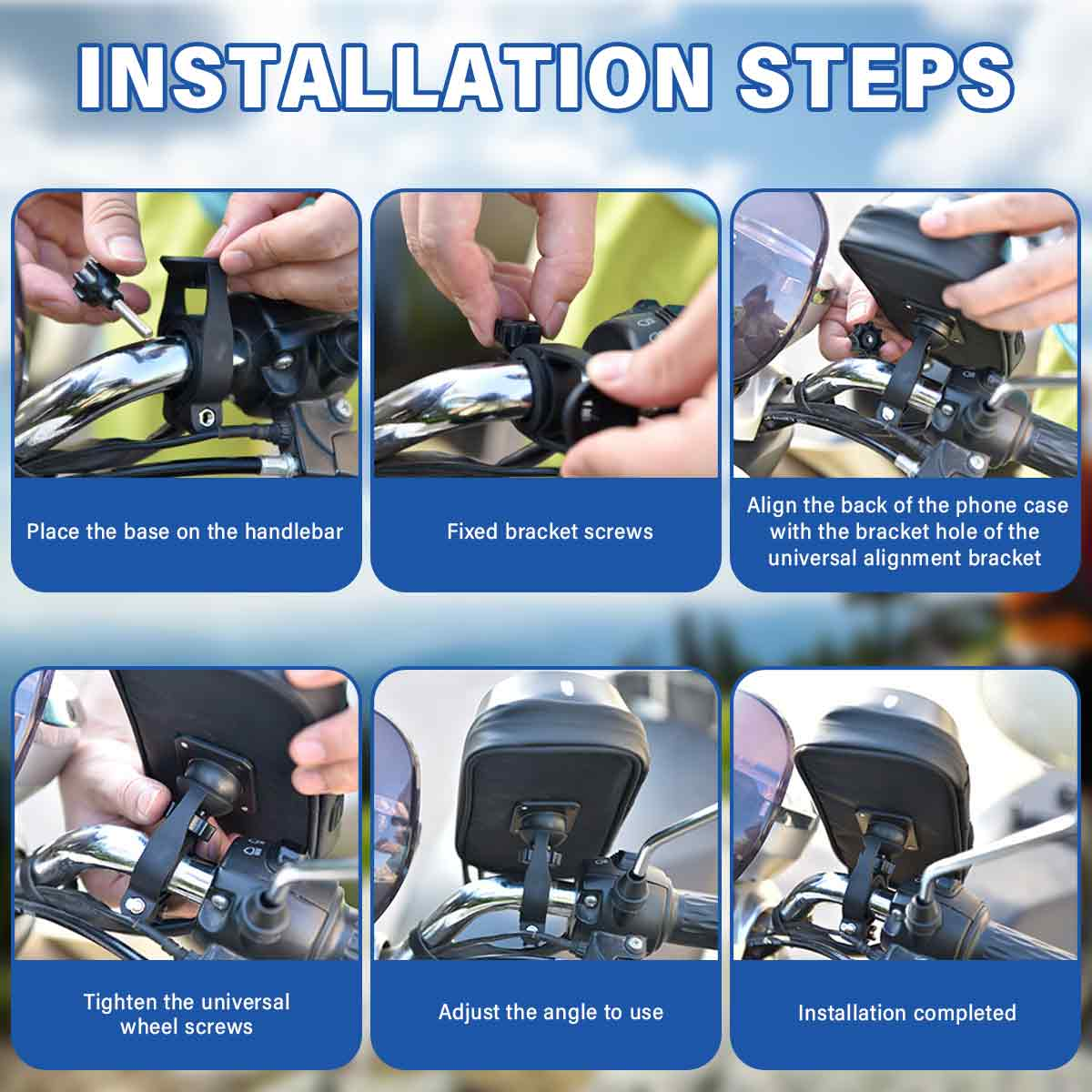 Installationsschritte für eine Handyhalterung am Fahrradlenker. Schritte: Basis, Schrauben, Gehäuseausrichtung, Anziehen.