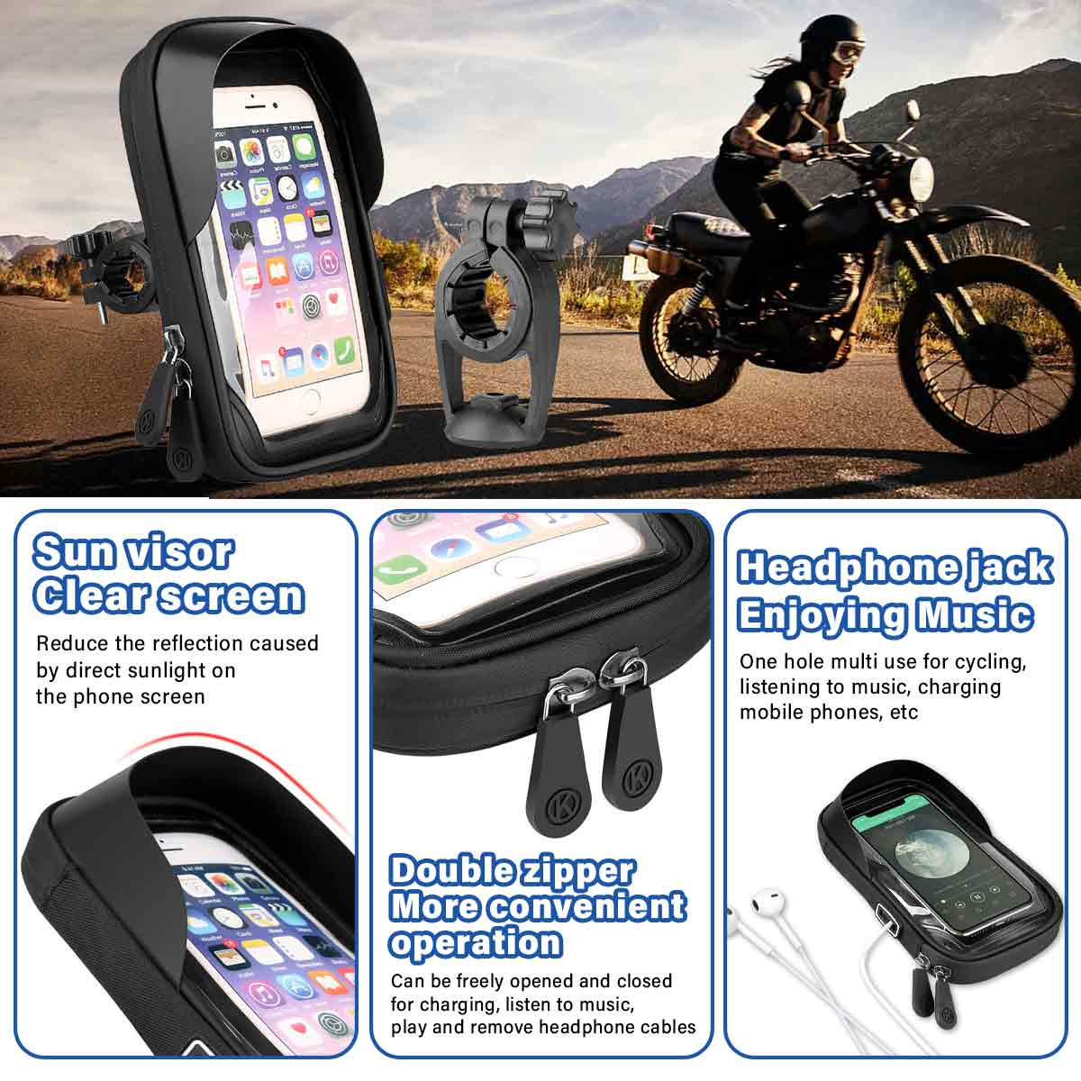 Motorrad-Telefonhalter mit Telefon. Zeigt ein Motorrad und ein Telefon in einer Halterung.