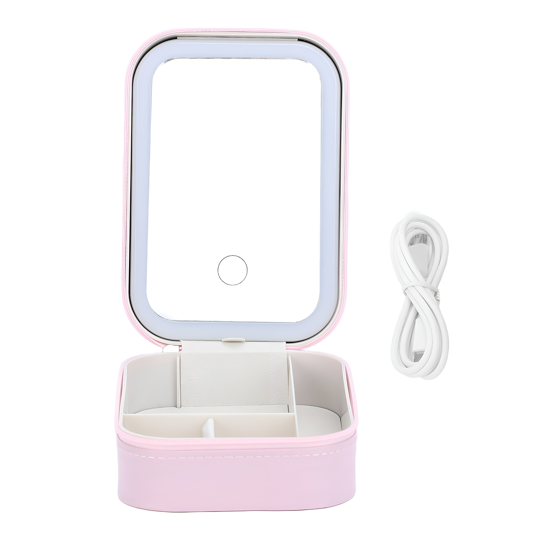 Ein pinkfarbener Schmink-Organizer mit Spiegel, offen mit Fächern und weißem USB-Kabel.