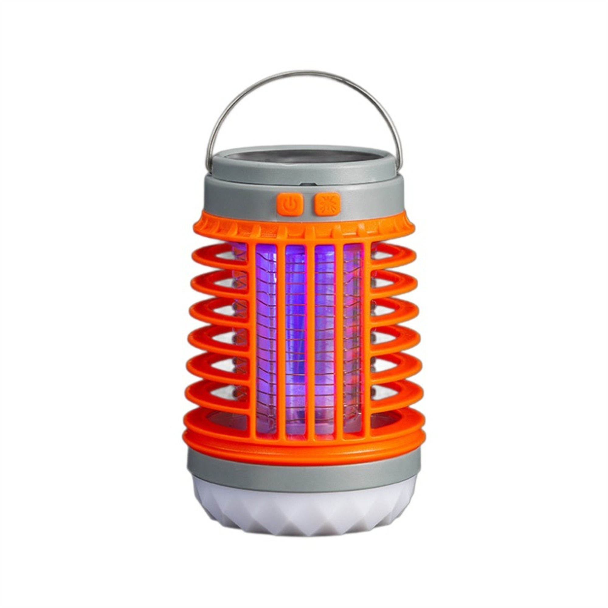 Oranger und grauer Insektenvernichter mit Griff. Es verwendet UV-Licht. Das Design ist zylindrisch.