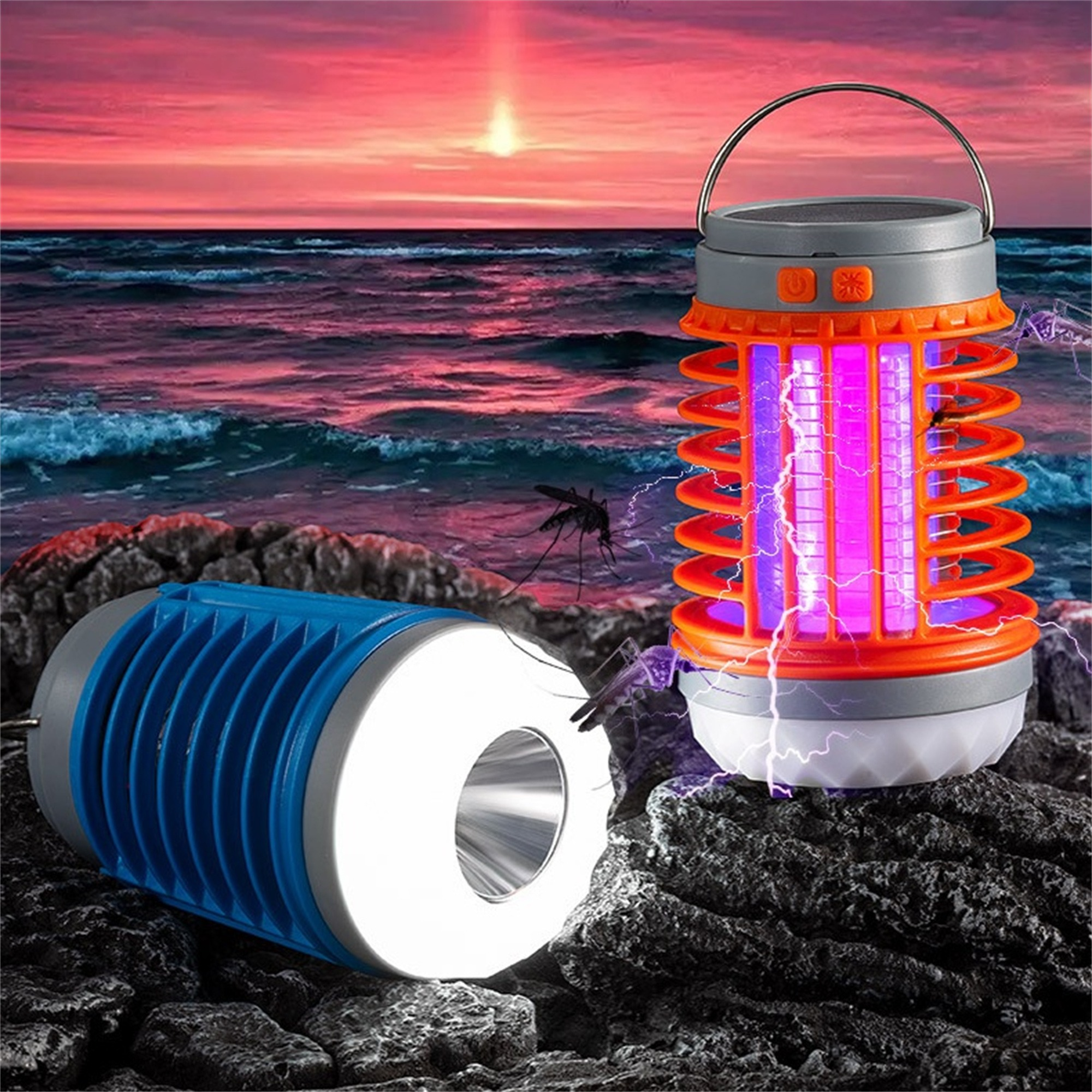 Moskitokiller-Lampe für den Außenbereich. Merkmale: blauer Zylinder, orange Akzente, violettes Licht.