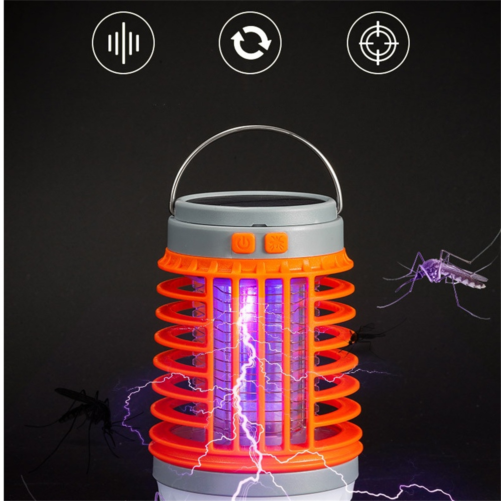 Orange und graue Mückenvernichterlampe mit UV-Licht und drei Symbolen oben.