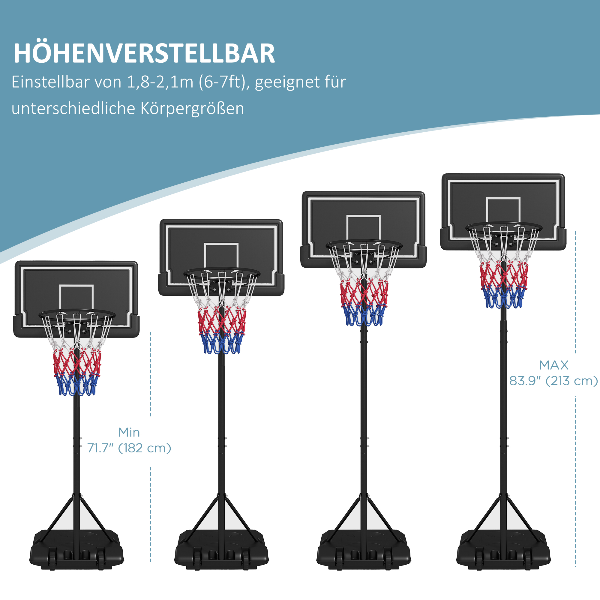 Vier schwarze Basketballkörbe in verschiedenen Höhen. Der Text oben besagt, dass die Höhe einstellbar ist. Der Hintergrund ist blau.