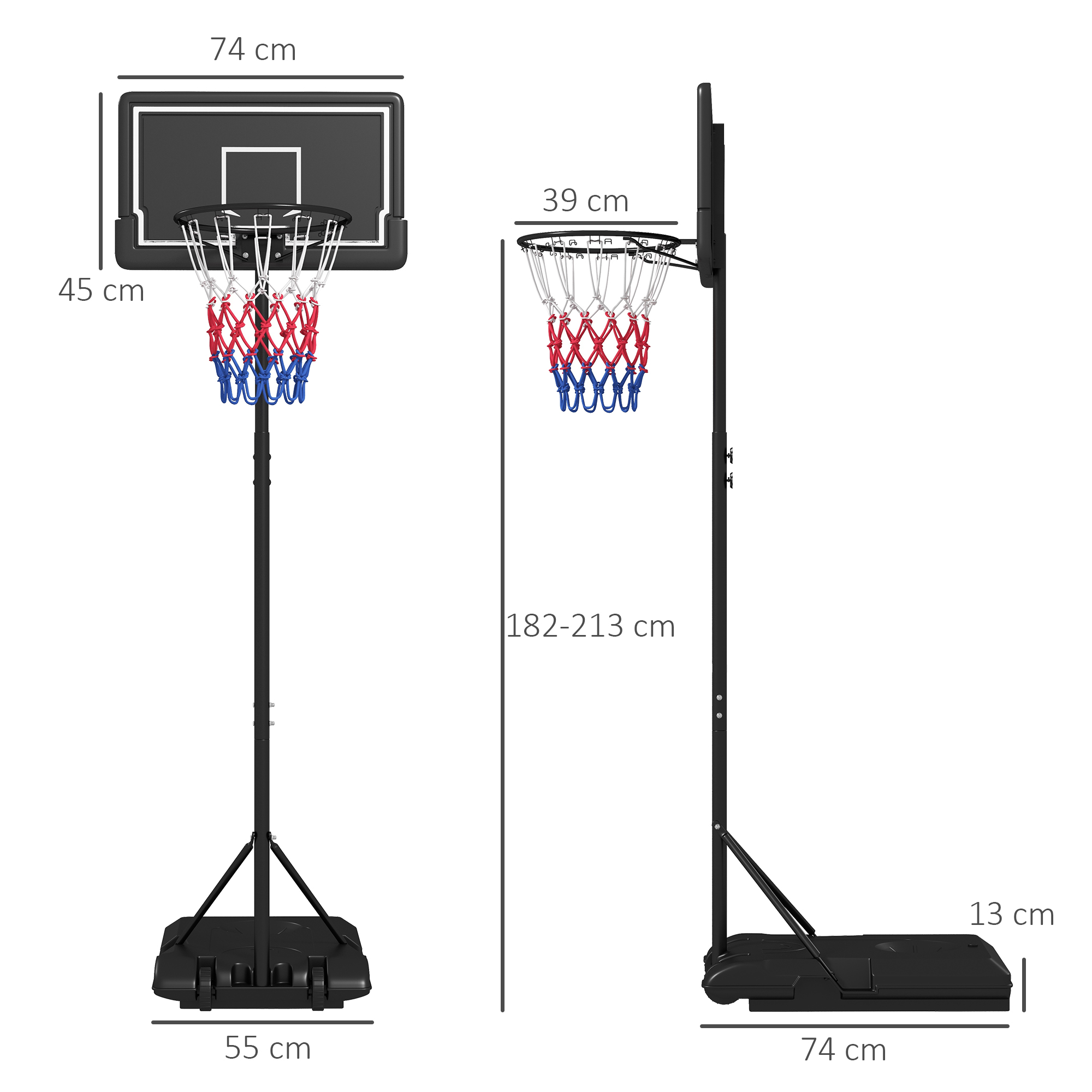 Basketballkorb mit Maßen. Enthält Rückwand, Netz und Ständer. Abmessungen: 74x45cm, 39cm, 182-213cm und 55x74x13cm.
