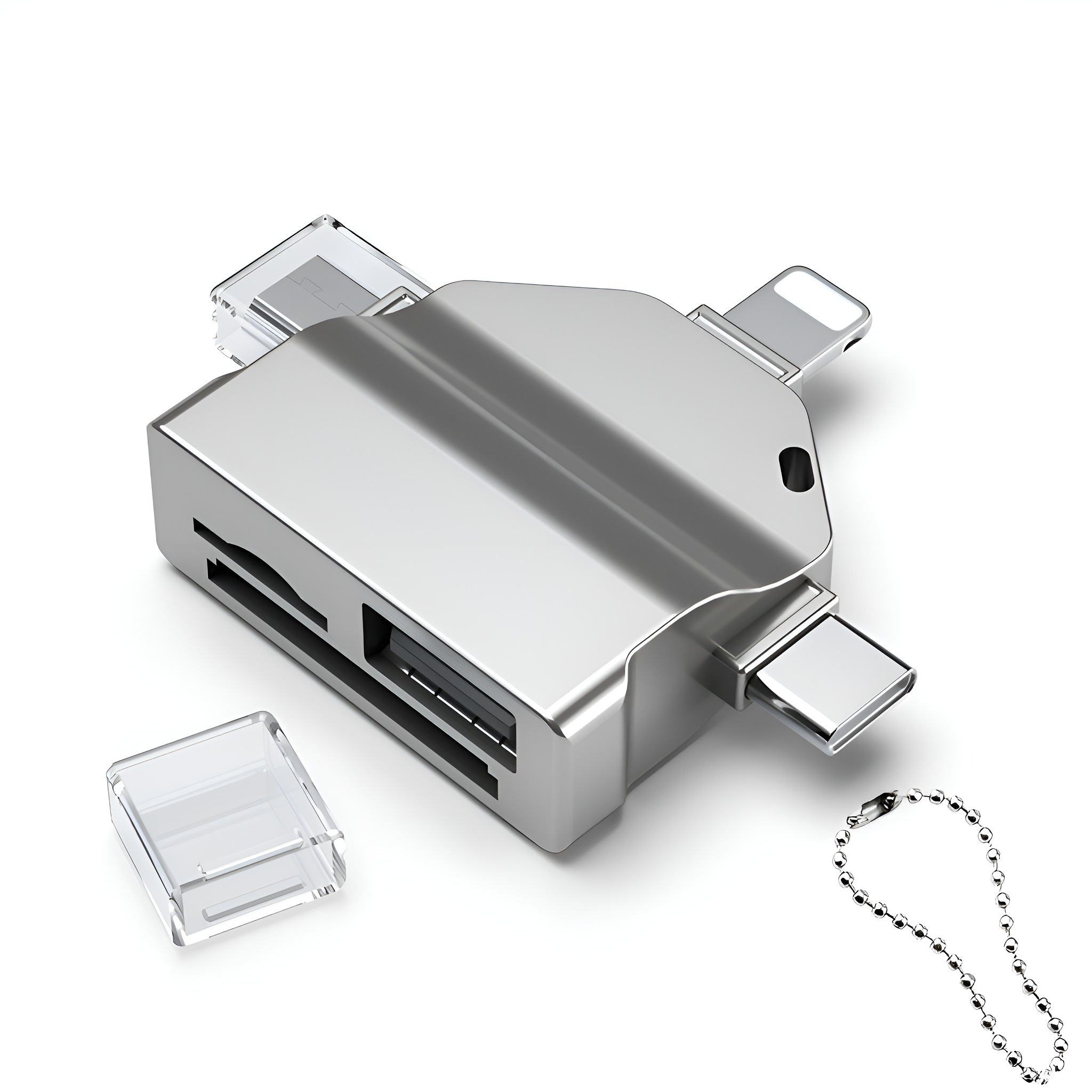 Silberner USB-Hub mit mehreren Anschlüssen und einem Schlüsselanhänger. Weißer Hintergrund.