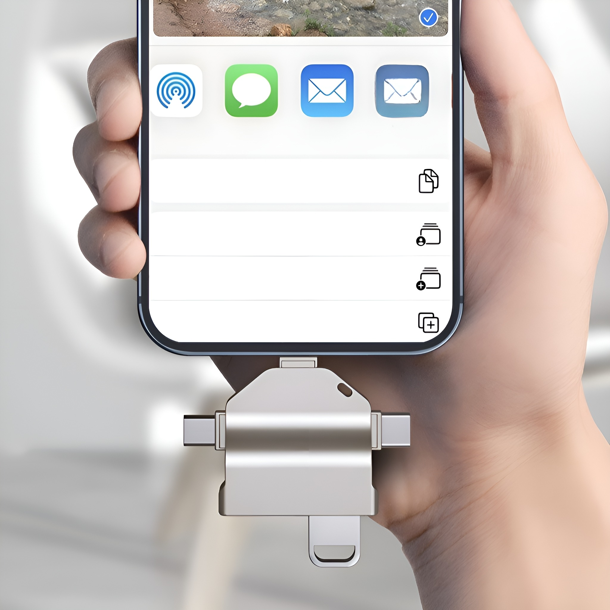 Eine Hand, die ein Telefon mit einem silbernen USB-Adapter hält.