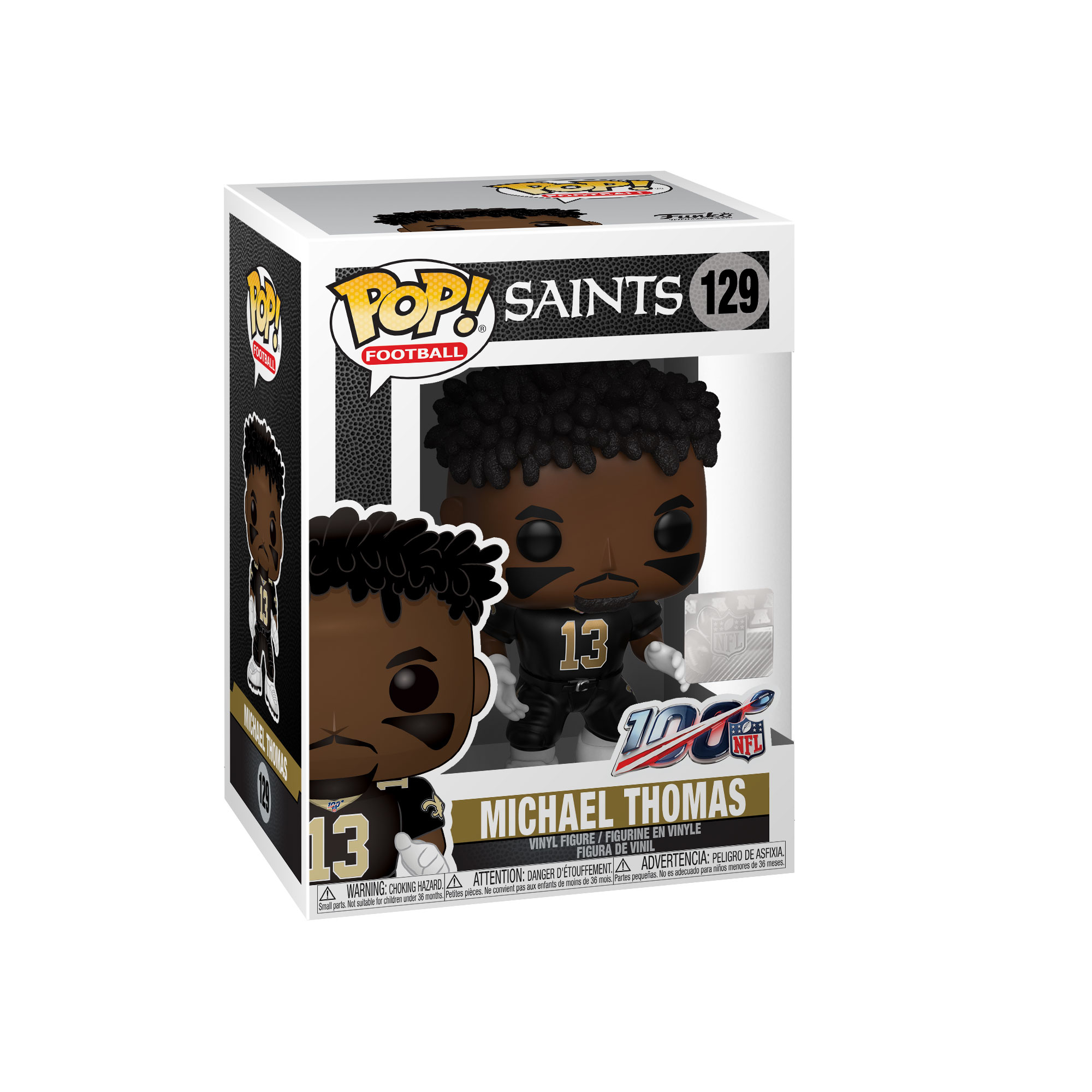 Eine Funko Pop! Figur von Michael Thomas im Saints-Trikot, in einer Box. Nummer 129.