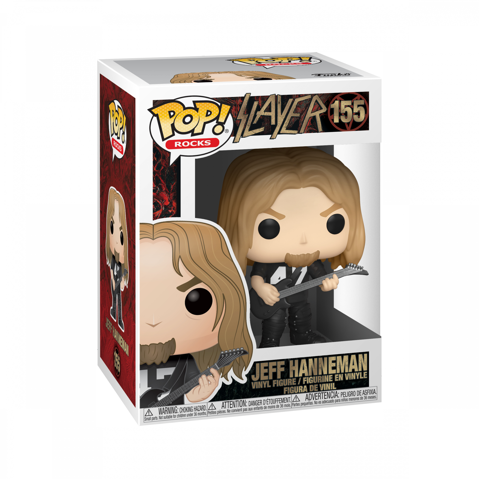 Funko Pop Figur von Jeff Hanneman mit Gitarre in einer Box mit Text und Bildern.