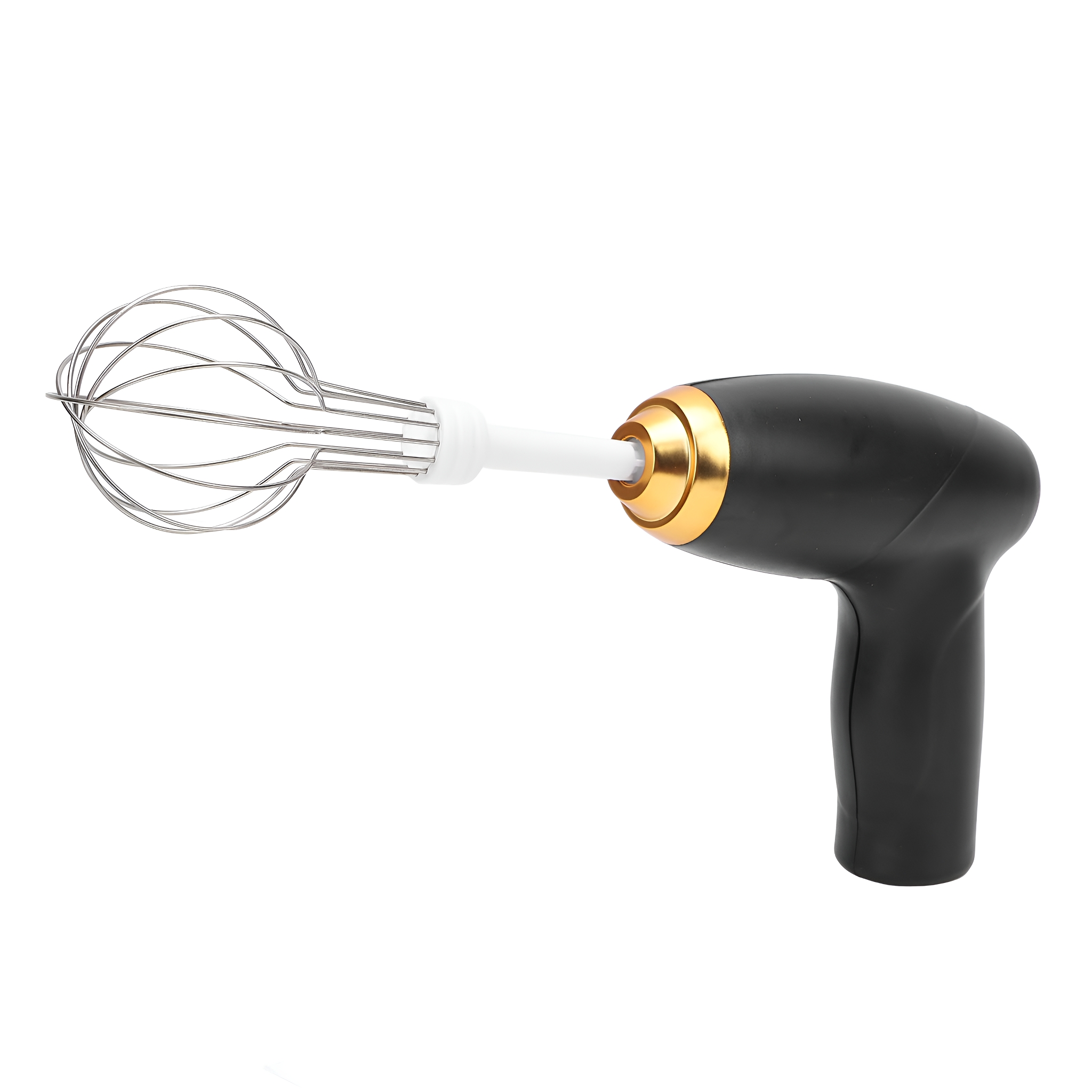 Schwarzer elektrischer Handmixer mit einem Metallbesen, weißer Hintergrund.