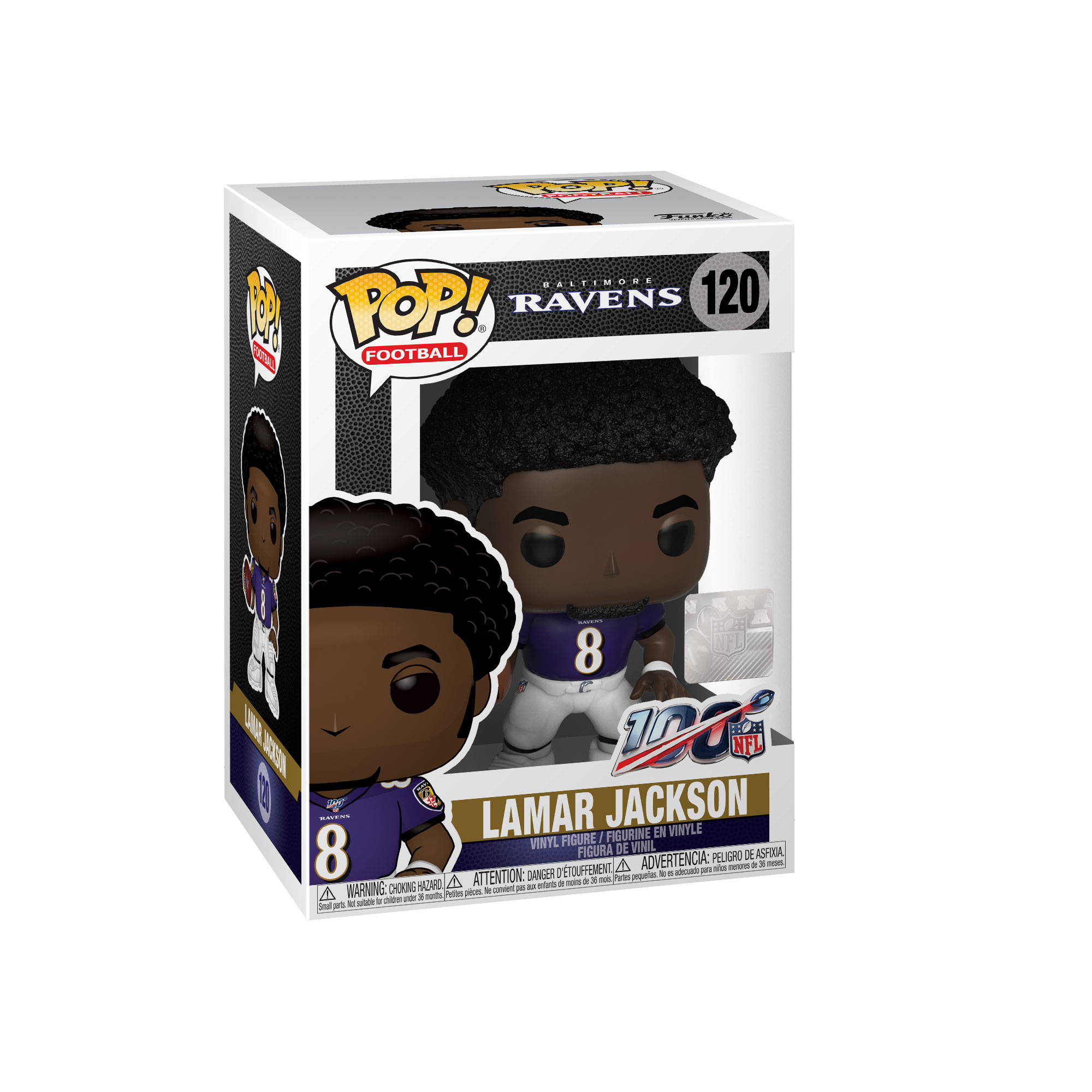 Funko Pop Figur von Lamar Jackson im Ravens-Trikot in einer Box.