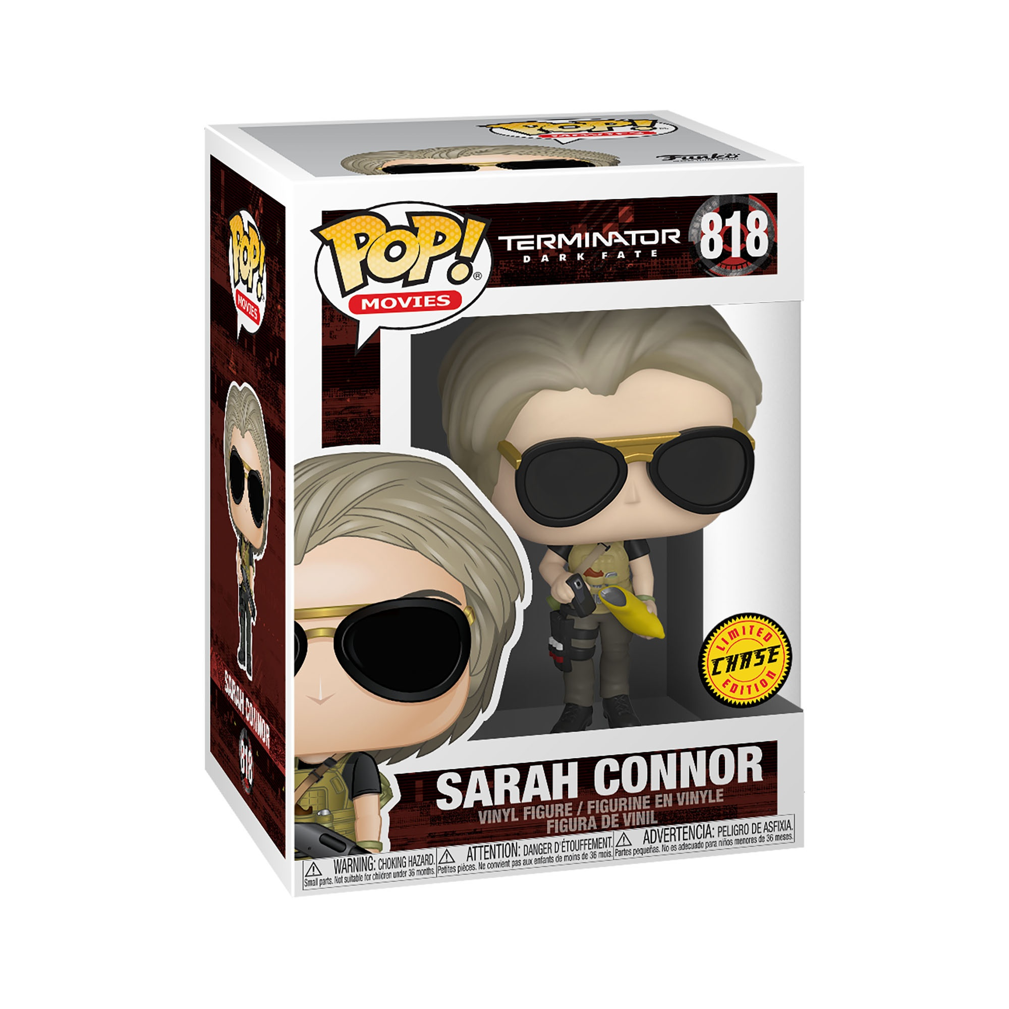 Figura di Sarah Connor in scatola. Indossa occhiali da sole e tiene un'arma.