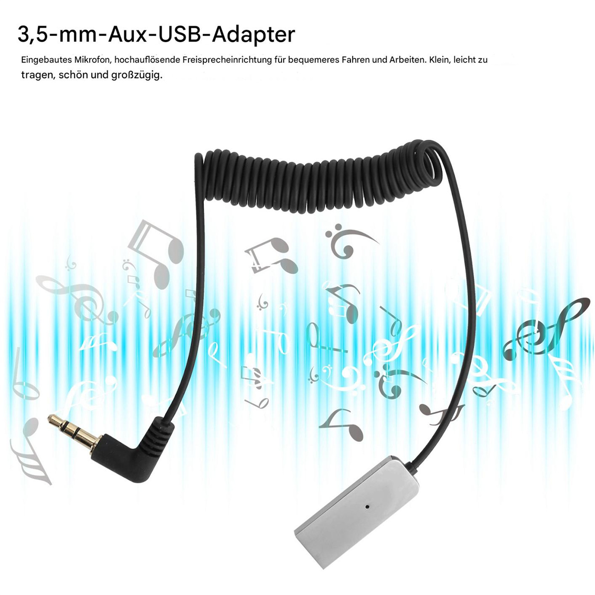 Ein schwarzer und silberner 3,5-mm-auf-USB-Adapter mit Noten.