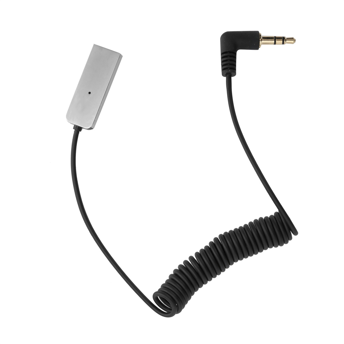 Ein silbernes Adapterkabel mit USB- und 3,5-mm-Klinke auf weißem Hintergrund.