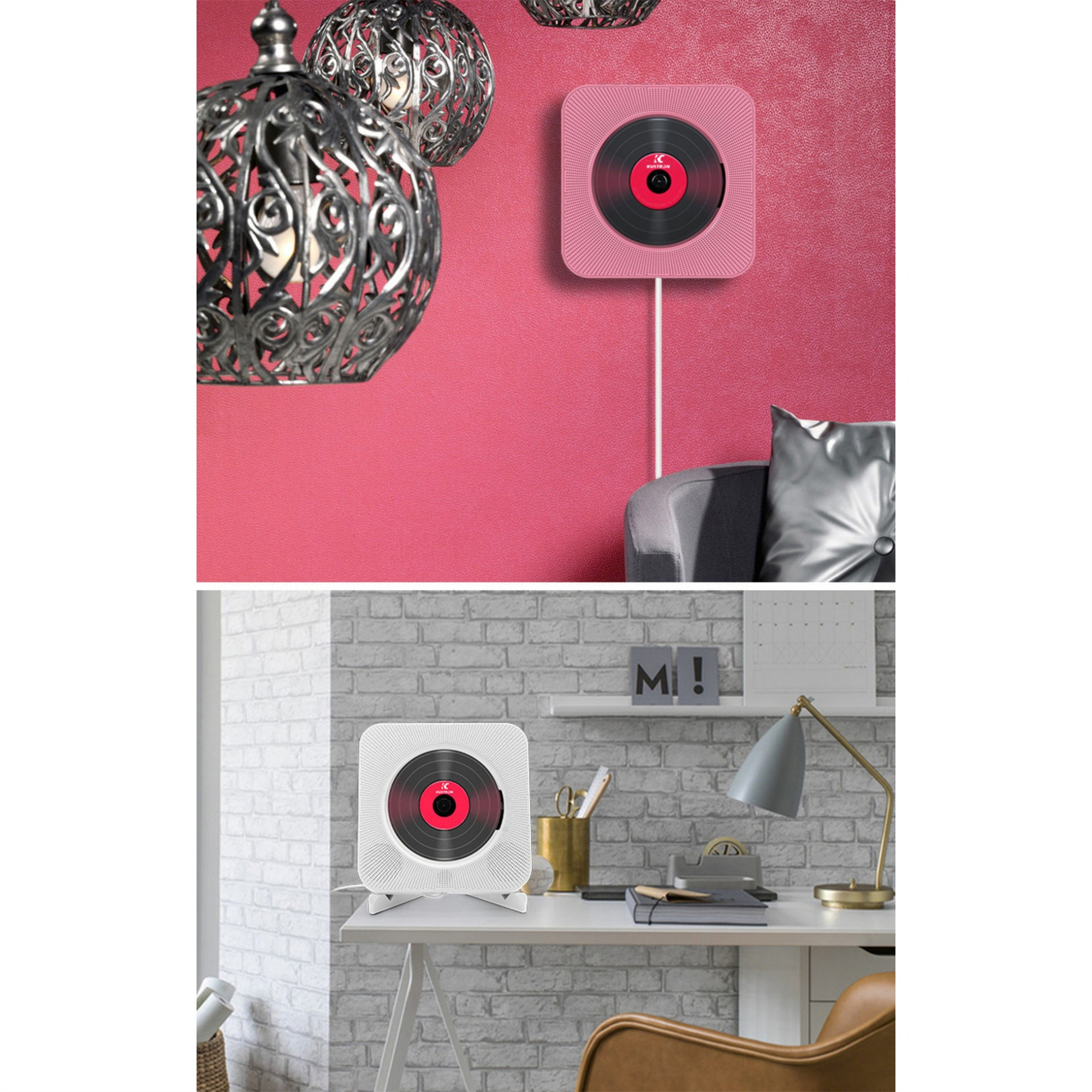 Zwei Ansichten eines rosa CD-Players, einer an der Wand montiert und einer auf einem Schreibtisch.