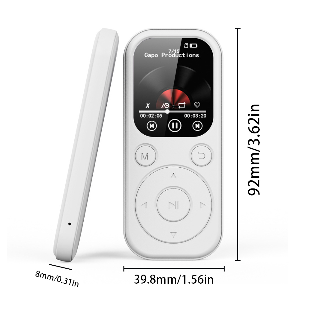 Weißer MP3-Player mit Bildschirm, Tasten und Abmessungen. Er steht neben seinem Profil.