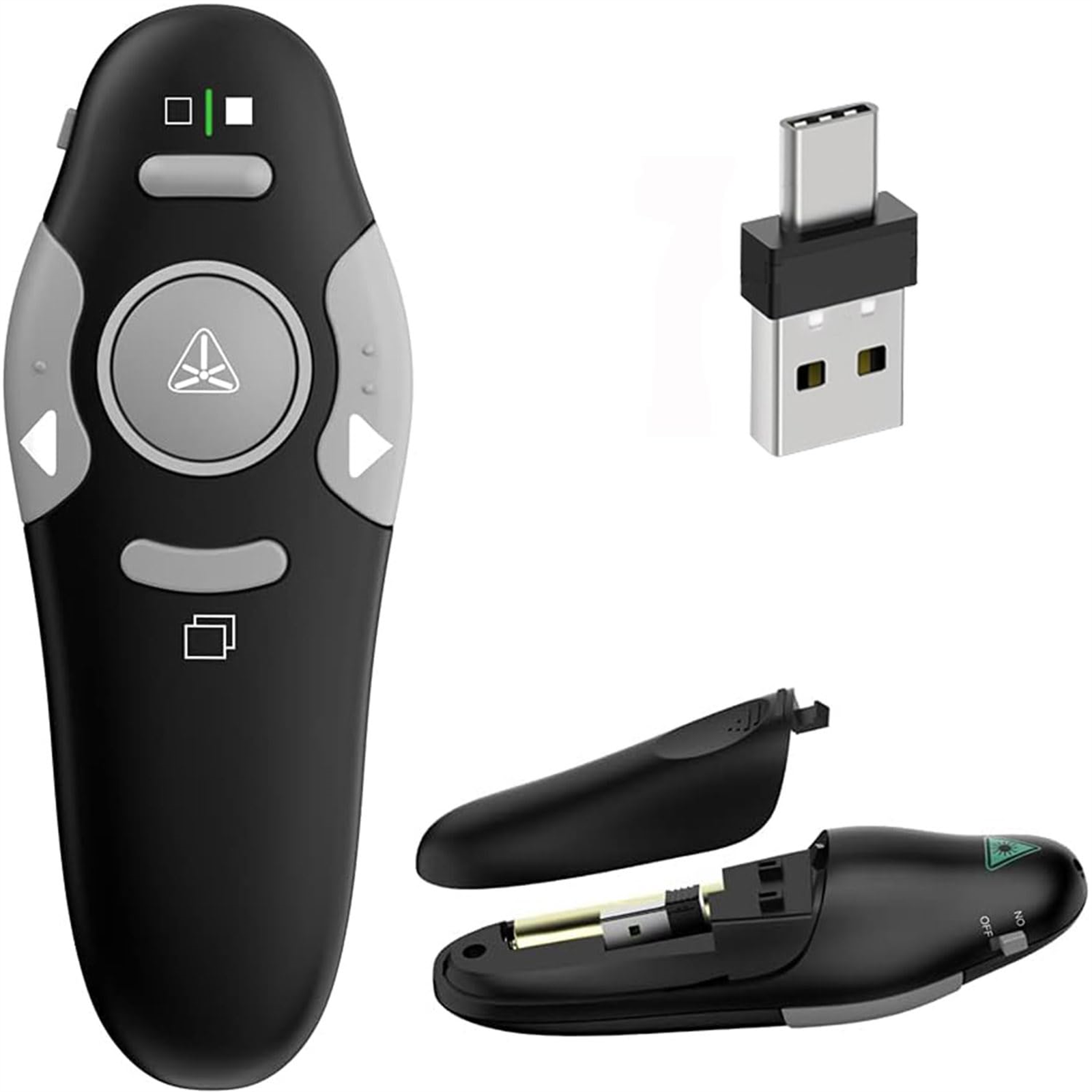 Schwarze und graue Präsentationsfernbedienung mit USB-C-Adapter auf weißem Hintergrund.