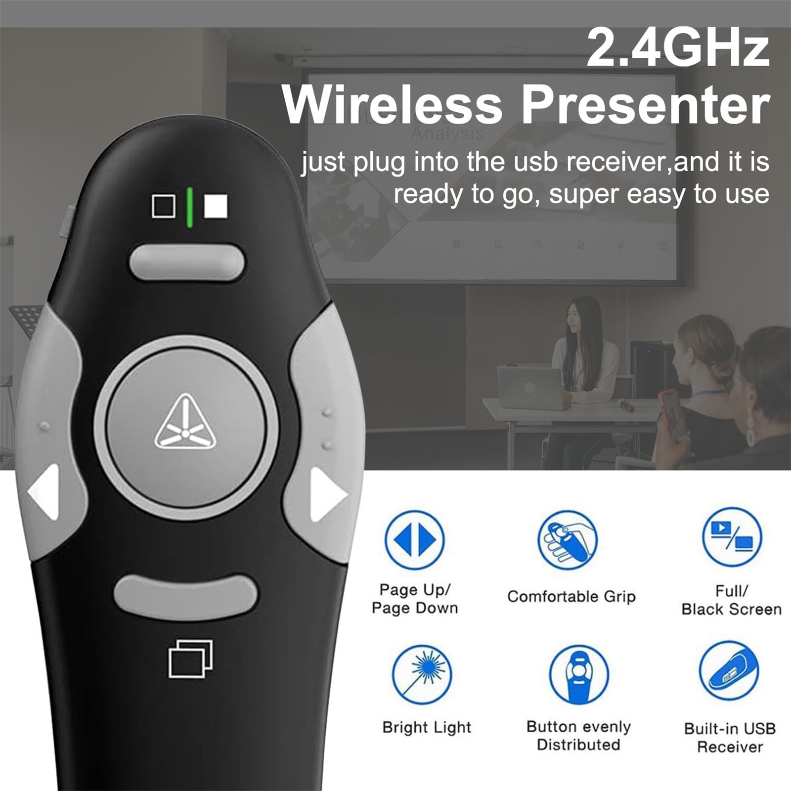 Schwarzer kabelloser Präsentationsredner mit Seitenaufwärts/Abwärts, hellem Licht und USB-Empfänger-Symbolen.