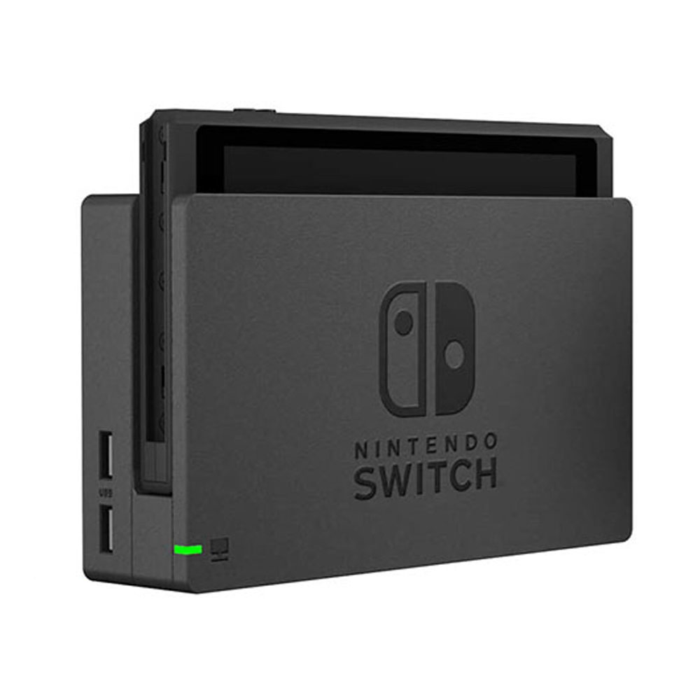 Schwarze Nintendo Switch-Konsole in der Ladestation. Grünes Licht an der Seite.