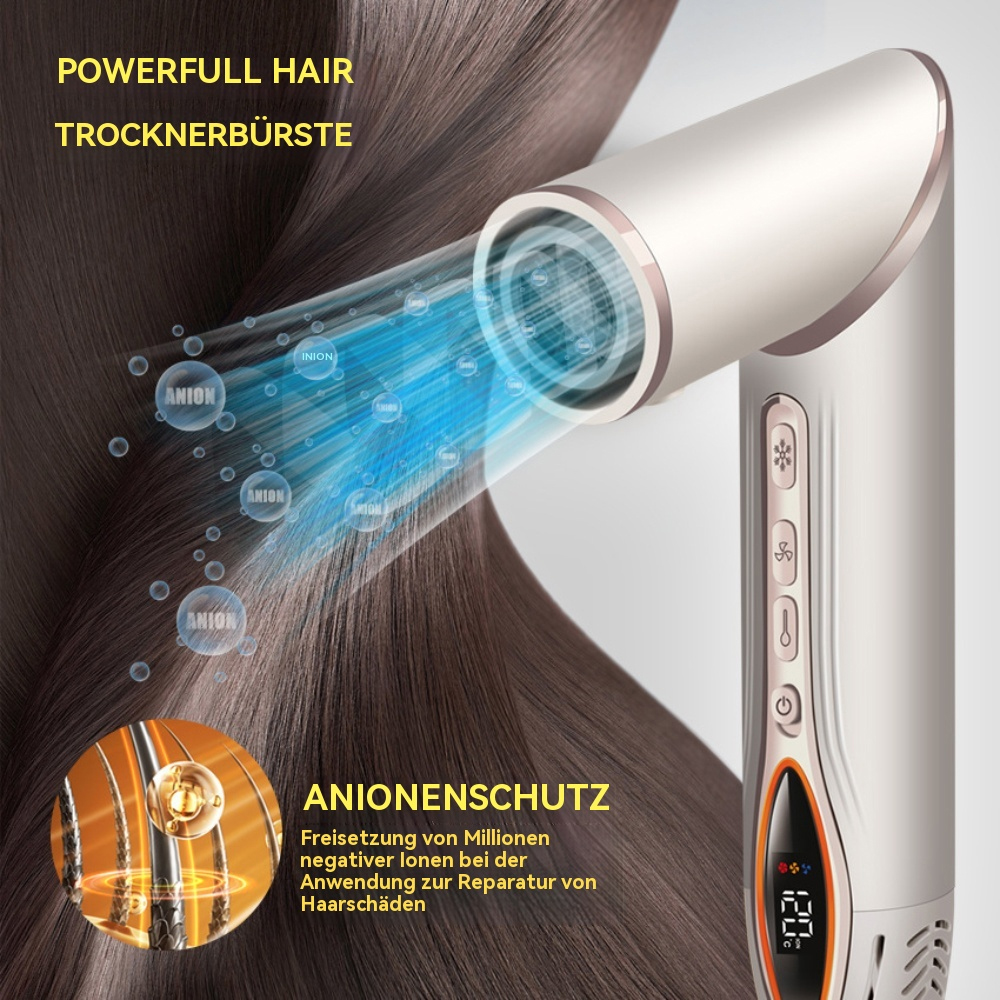 Ein Haartrockner mit Blaulichteffekt und Text über Anionenschutz.