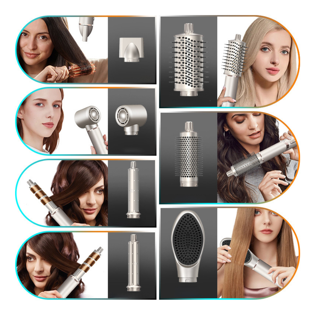 Verschiedene Haarstyling-Tools mit Frauen, die sie benutzen. Mehrere Werkzeuge sind abgebildet.