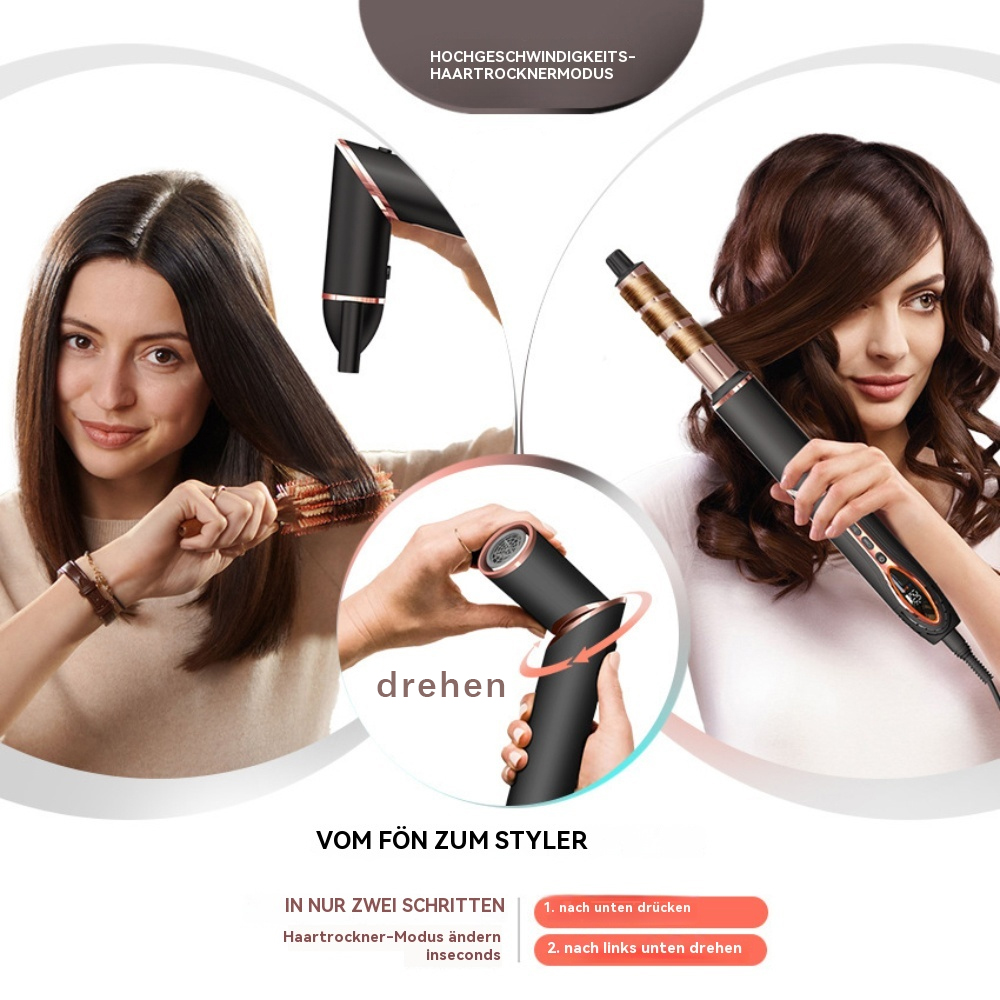 Zwei Frauen benutzen einen Haarstyler. Anweisungen zeigen, wie man Haare vom Föhnen zum Stylen lockt.