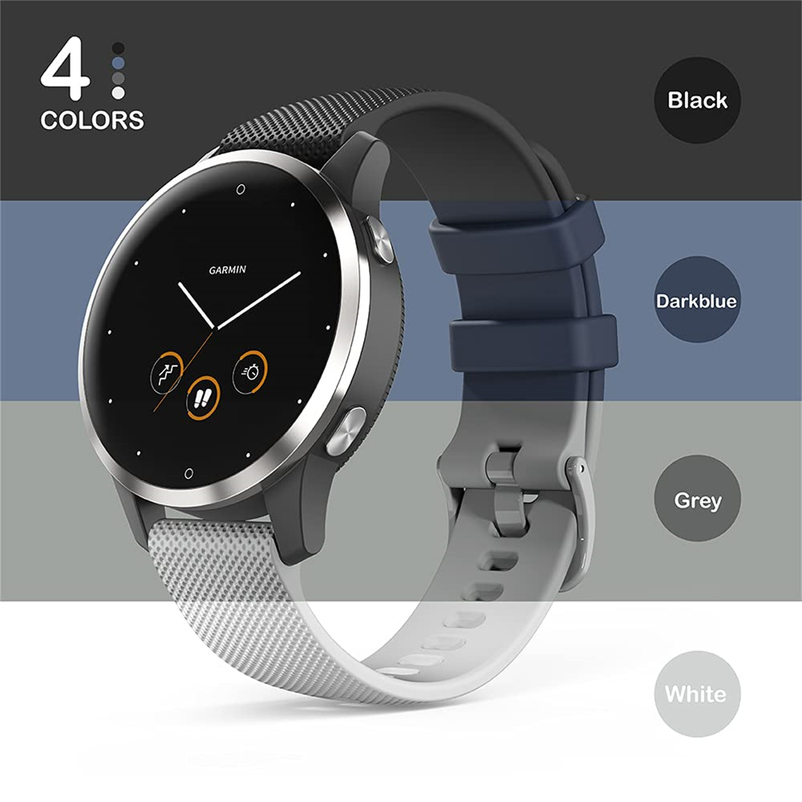 Smartwatch mit schwarzem Bildschirm und grauem Armband, mit weißen, blauen und schwarzen Farboptionen.