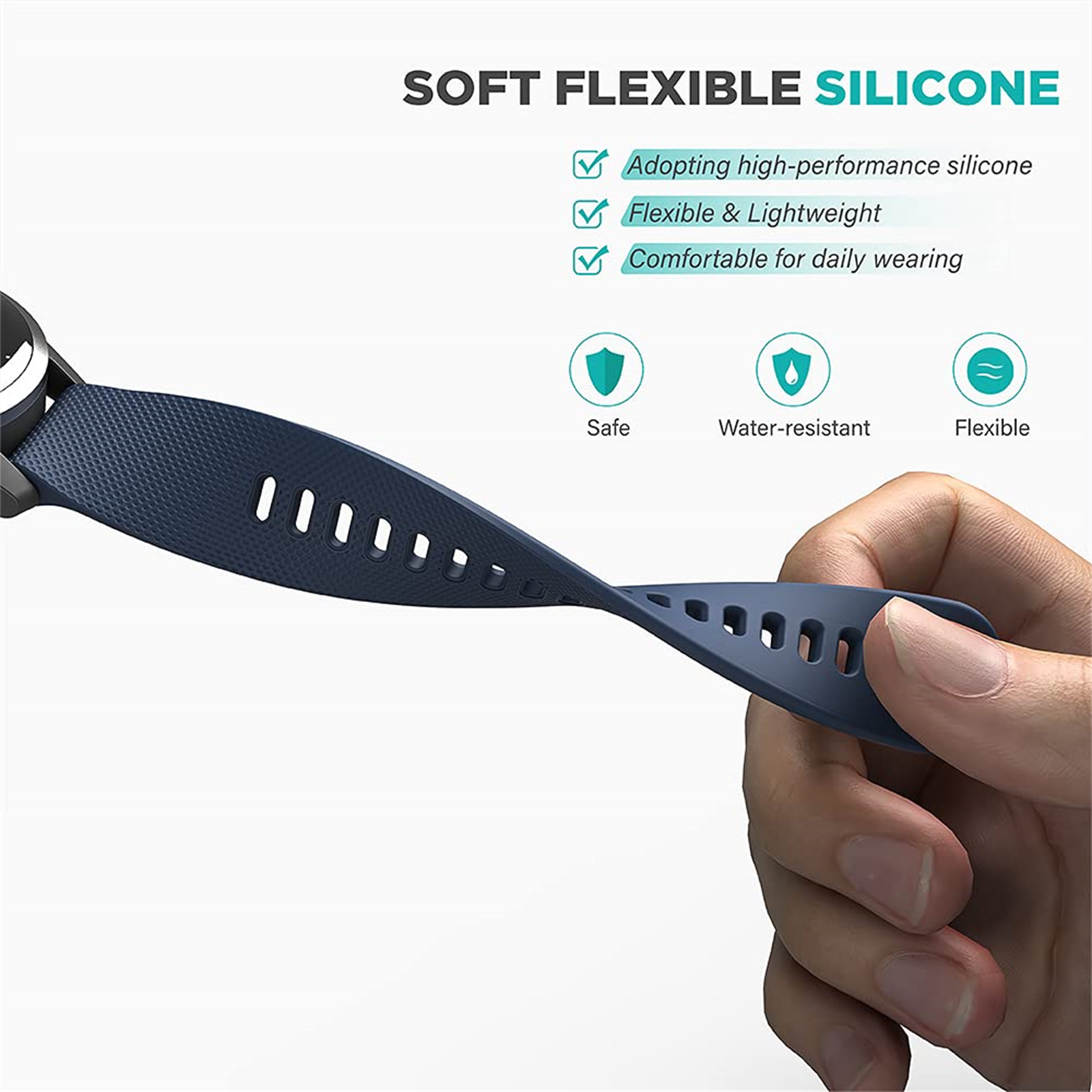 Ein blaues Silikon-Uhrenarmband, gehalten von einer Hand, mit Text über Eigenschaften: sicher, wasserdicht, flexibel.