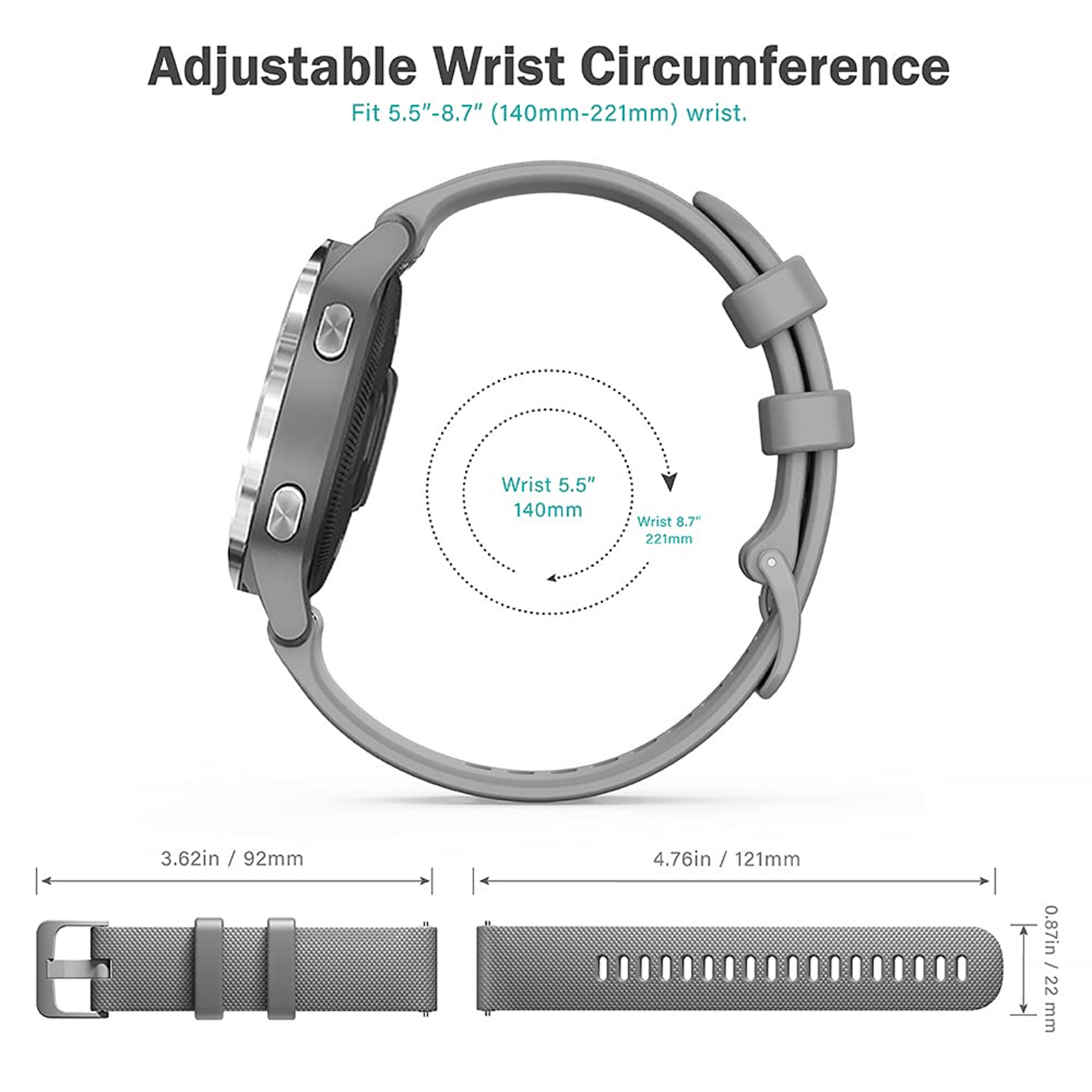 Graue Smartwatch mit Armband und angegebenen Abmessungen. Das Armband ist grau.