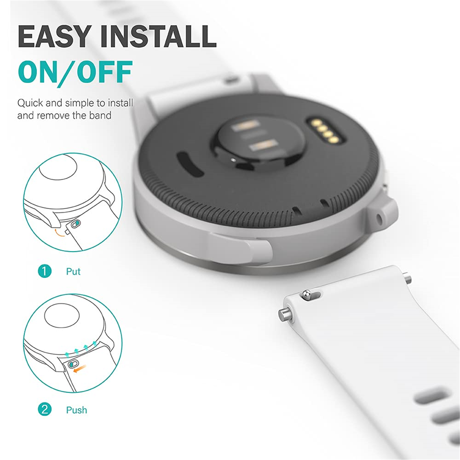 Smartwatch mit weißem Armband. Anweisungen mit Text zur Befestigung des Armbands.