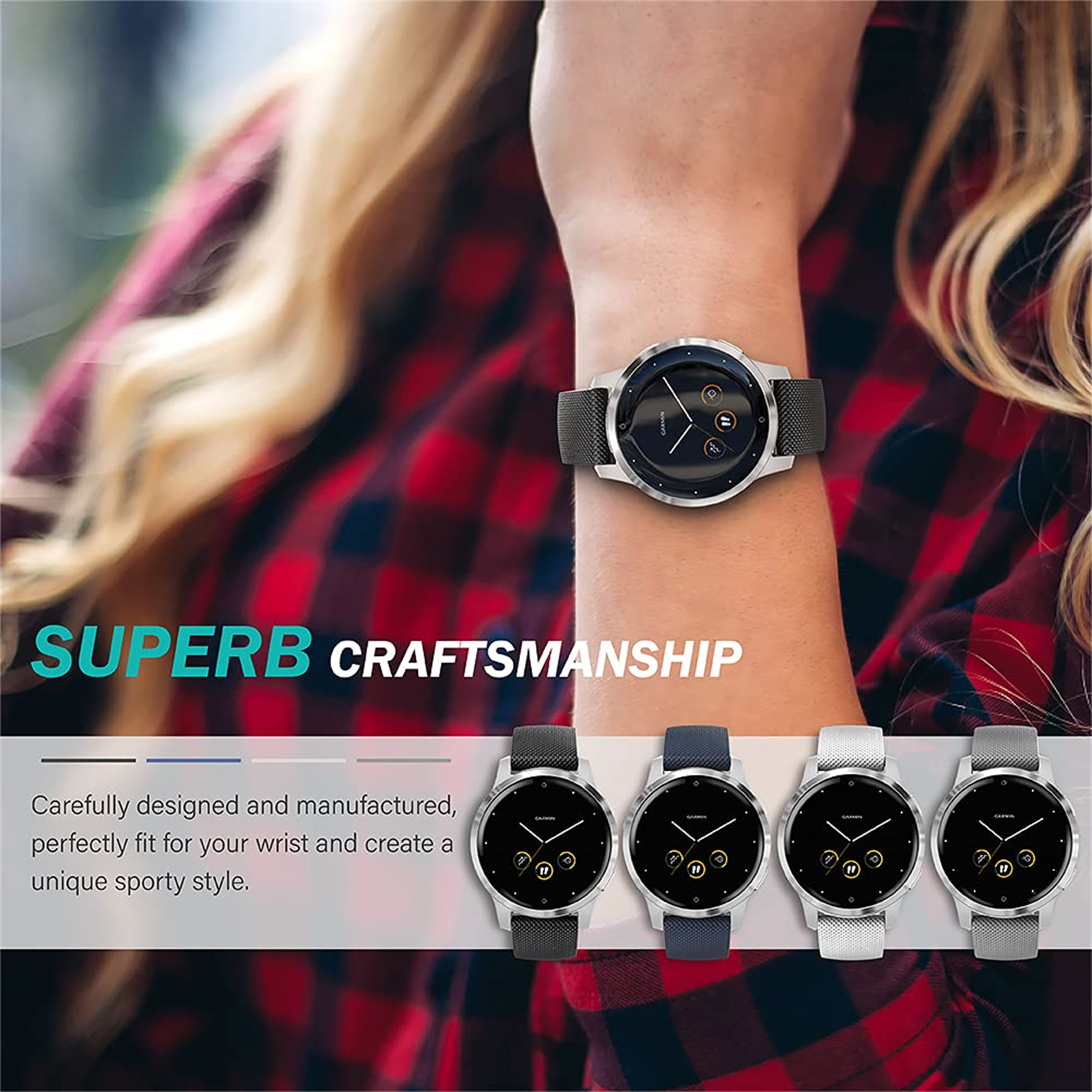 Eine Person trägt eine Uhr, darunter vier weitere Uhren. Text sagt 'SUPERB CRAFTSMANSHIP'.