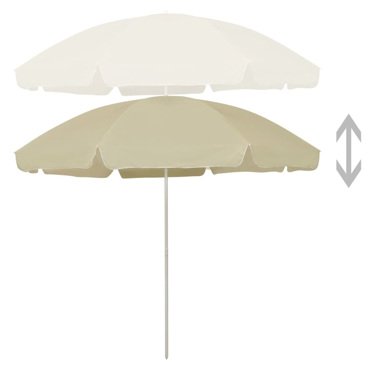 Un ombrellone beige è mostrato, con la possibilità di regolare l'altezza.