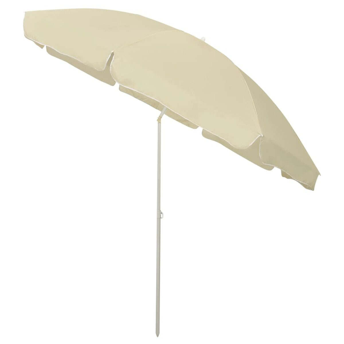 Ombrellone beige da esterno, aperto, con bordatura bianca.