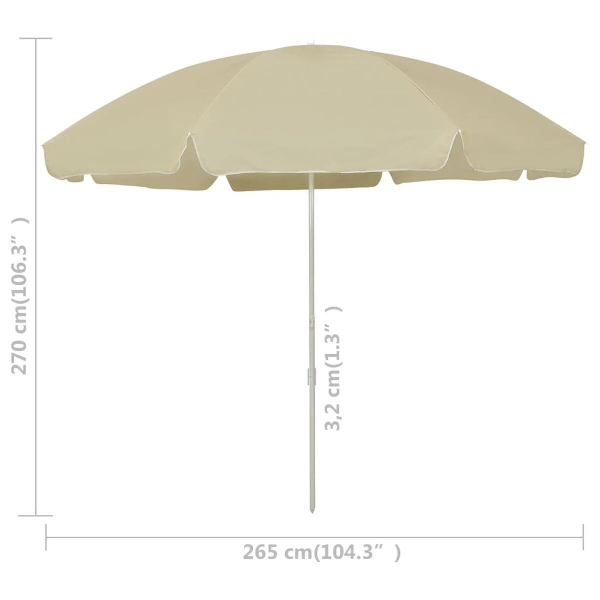 Ombrellone da spiaggia beige con un palo bianco. Le dimensioni sono etichettate, sia in cm che in pollici.