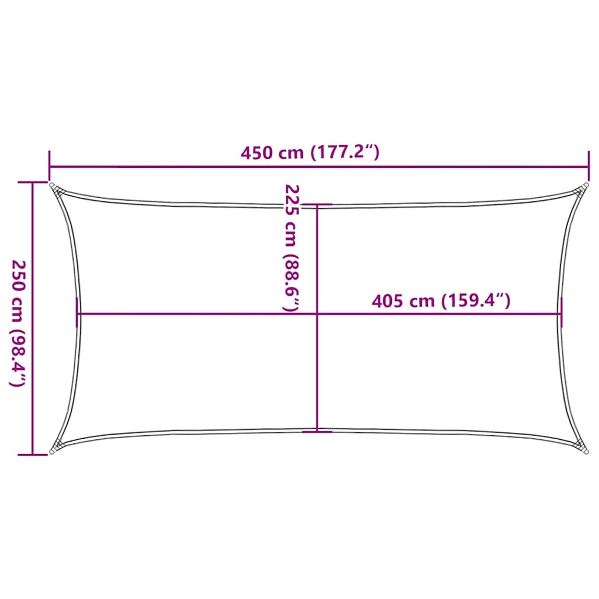 Una vela ombreggiante rettangolare con dimensioni: 450 cm x 250 cm, con linee che indicano le misure.