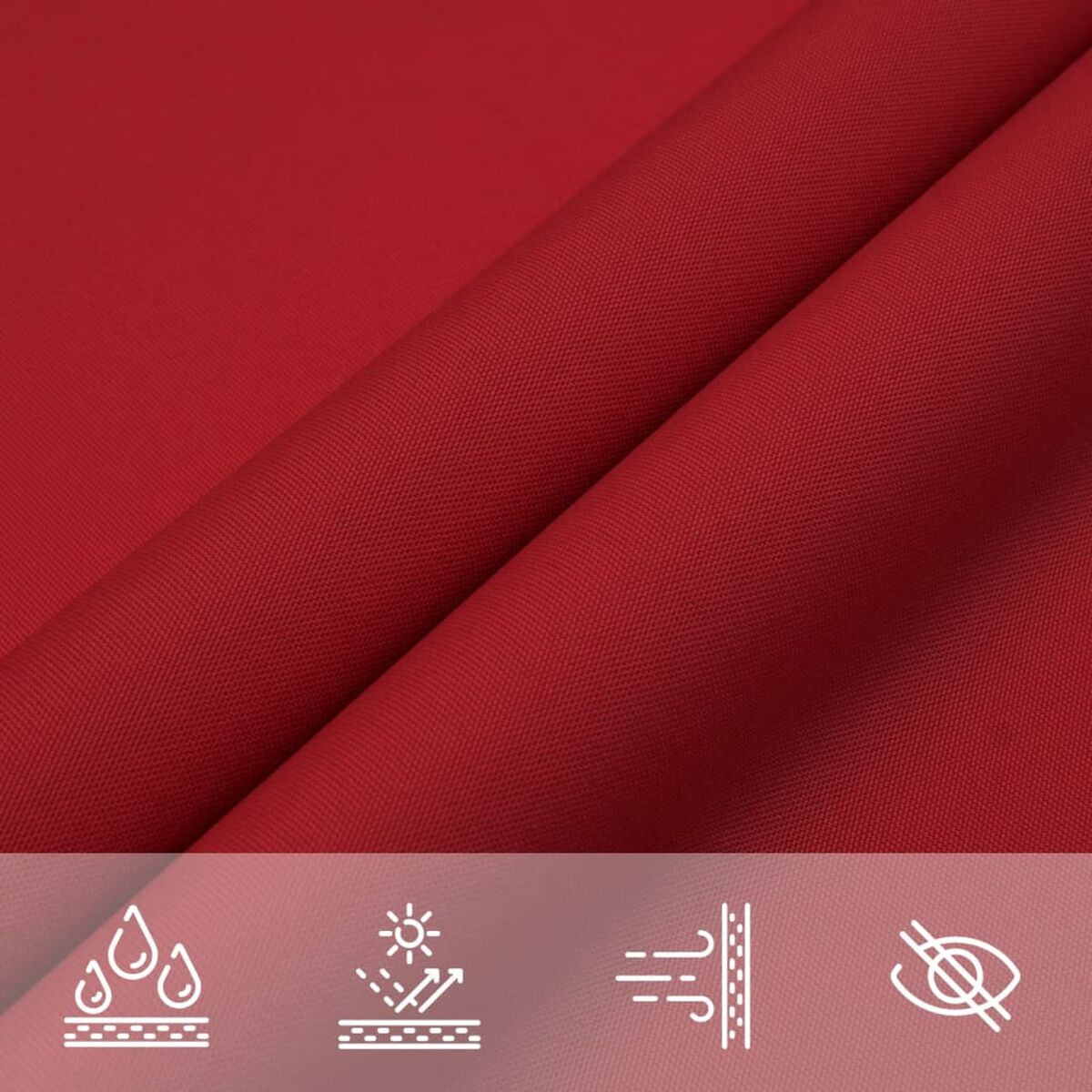 Tessuto rosso con texture dettagliata, piegato. Icone per impermeabilità, protezione UV, traspirabilità e antiriflesso.