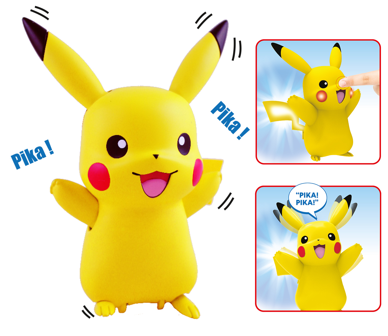 Gelbes Pikachu-Spielzeug mit offenen Armen, roten Wangen und einem rosa Mund, sagt "Pika!"