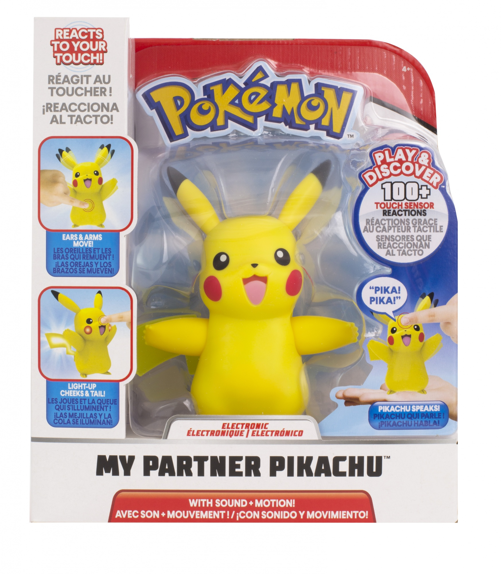 Pikachu-Spielzeug in Verpackung. Pikachu ist gelb, hat schwarze Augen und rote Wangen. Die Verpackung hat Text und Bilder.