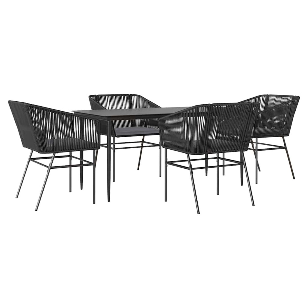 Set da pranzo nero per esterni. Include un tavolo e quattro sedie con materiale nero simile a una corda.