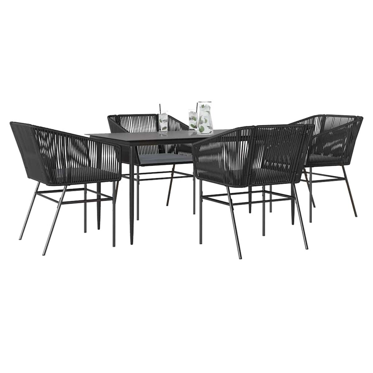 Set da pranzo nero per esterni: tavolo e quattro sedie con design a corda nera intrecciata, sfondo bianco.