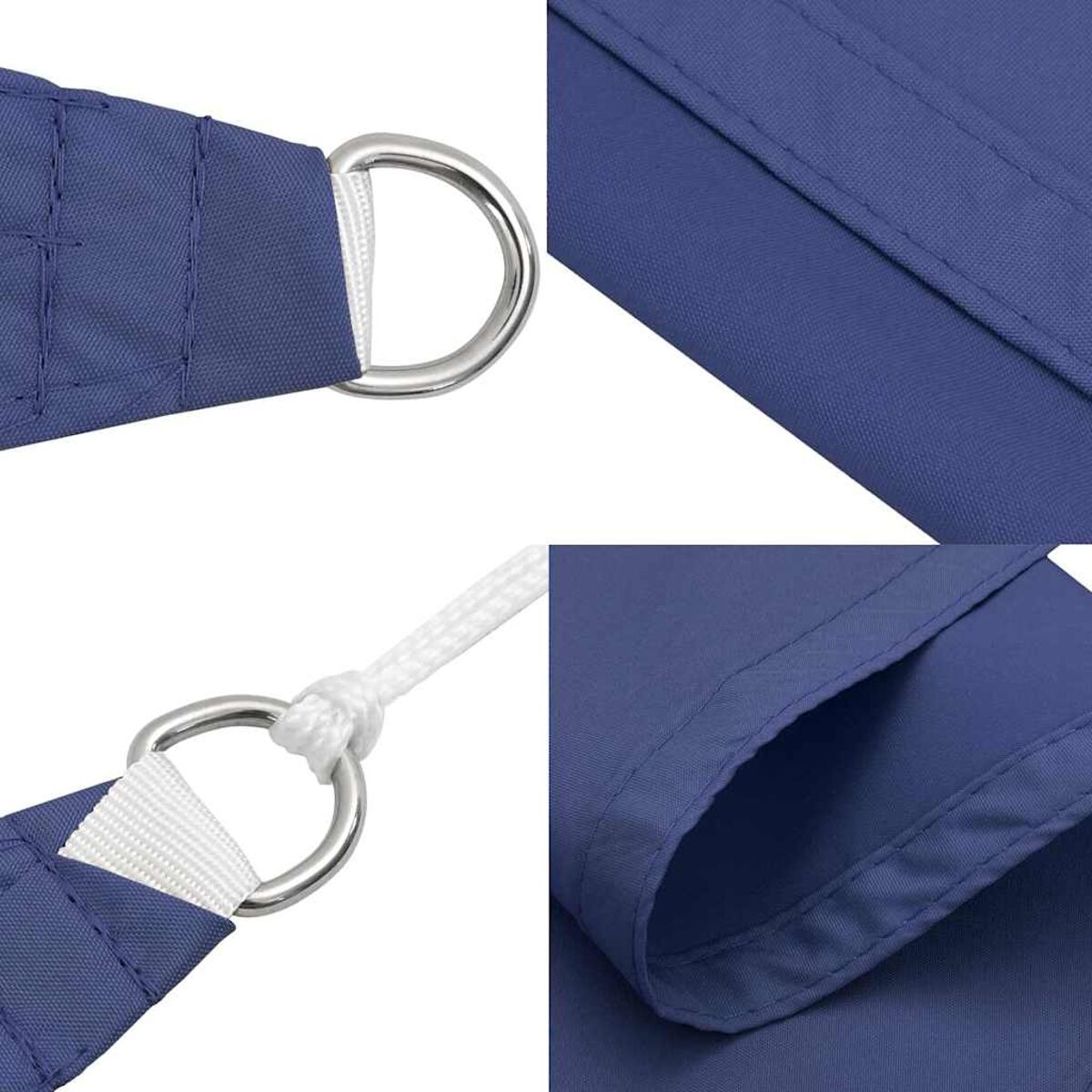 Primo piano dei dettagli del telo blu con anelli e cuciture.