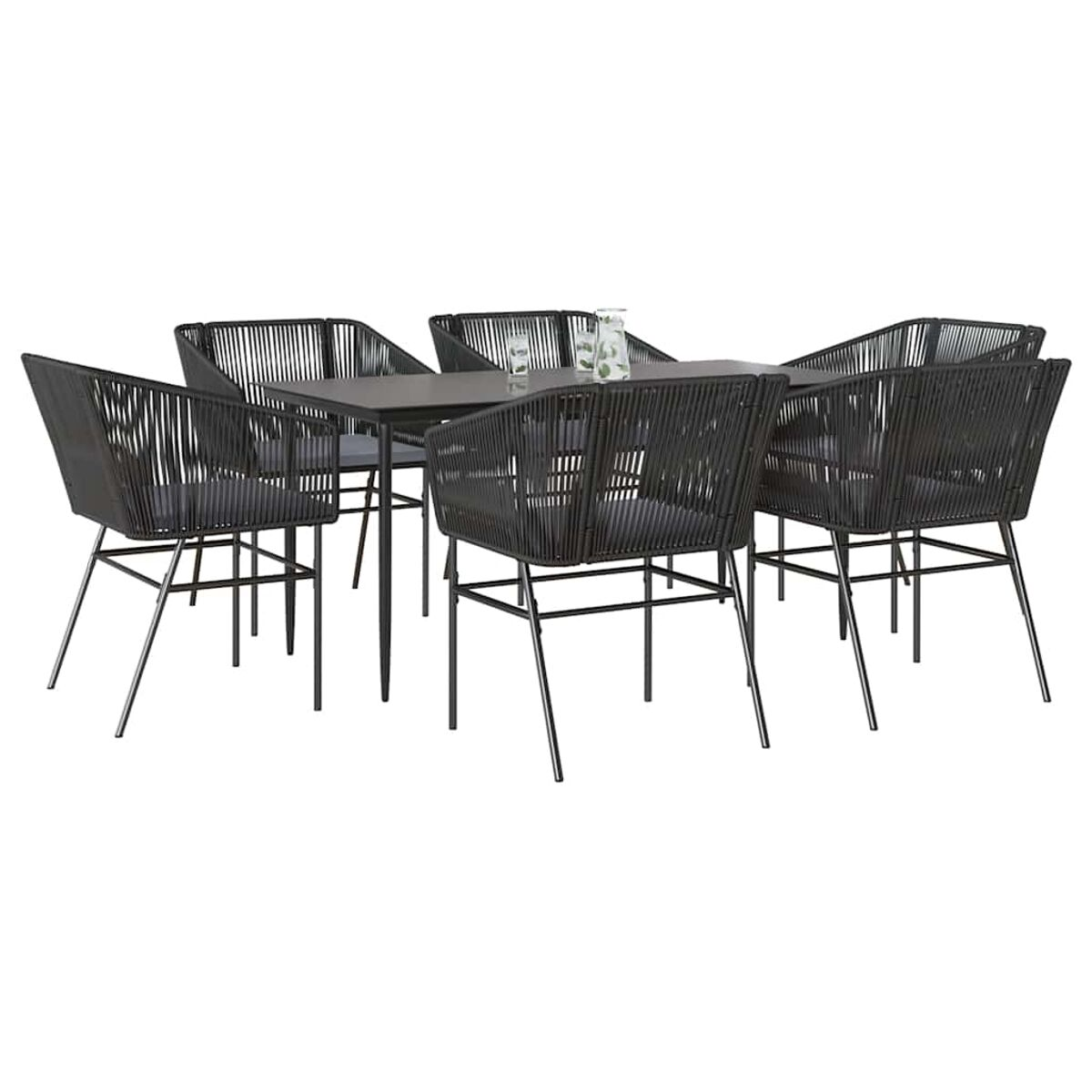 Set da pranzo per esterni con sei sedie nere intrecciate e un tavolo grigio scuro. Sfondo bianco.