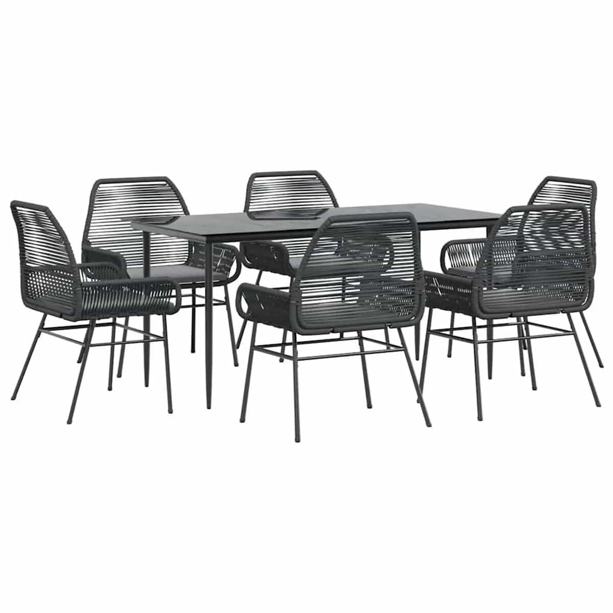 Set da pranzo da esterno in metallo nero. Sei sedie e un tavolo rettangolare.