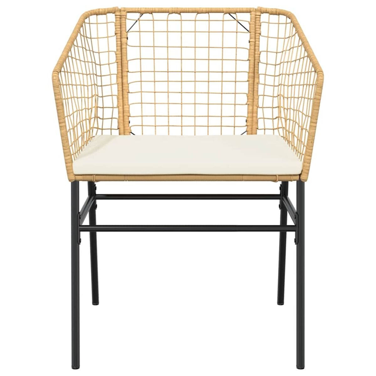 Una sedia in rattan con gambe nere e cuscino bianco, vista frontale.
