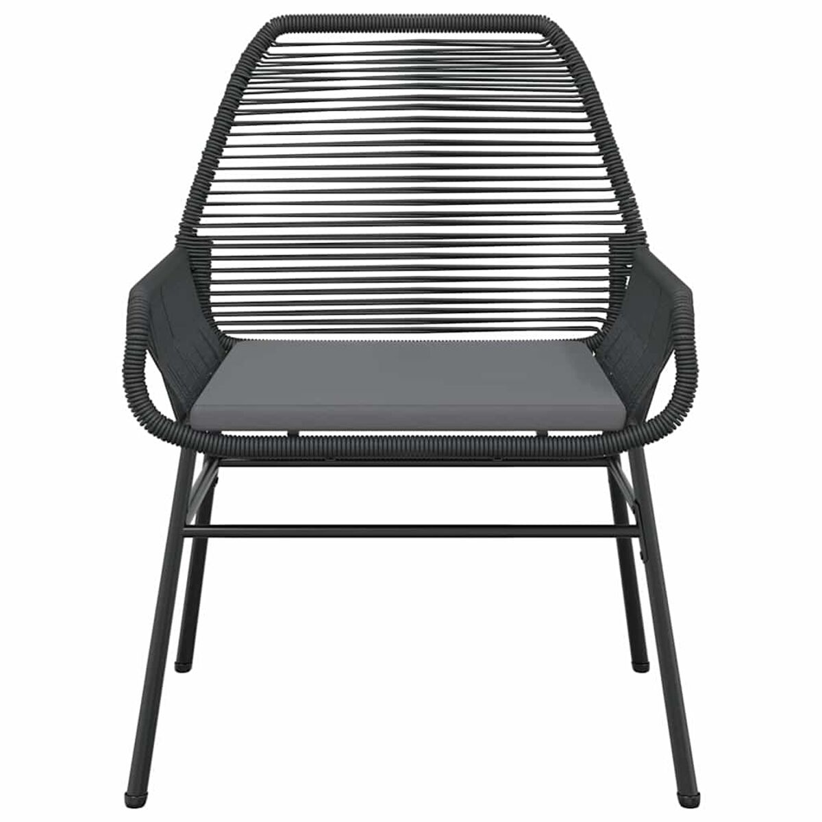 Una sedia in corda nera con cuscino grigio, su sfondo bianco.