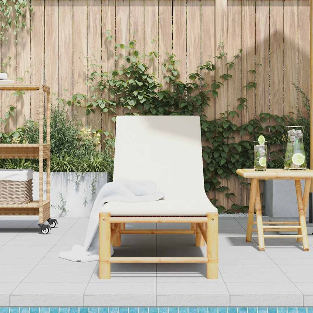 Una sedia a sdraio bianca su un patio piastrellato, con un asciugamano bianco e un tavolino in legno.