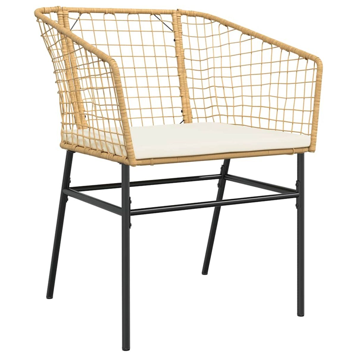 Sedia in vimini con gambe in metallo nero. Cuscino bianco sul sedile. Isolato su sfondo bianco.
