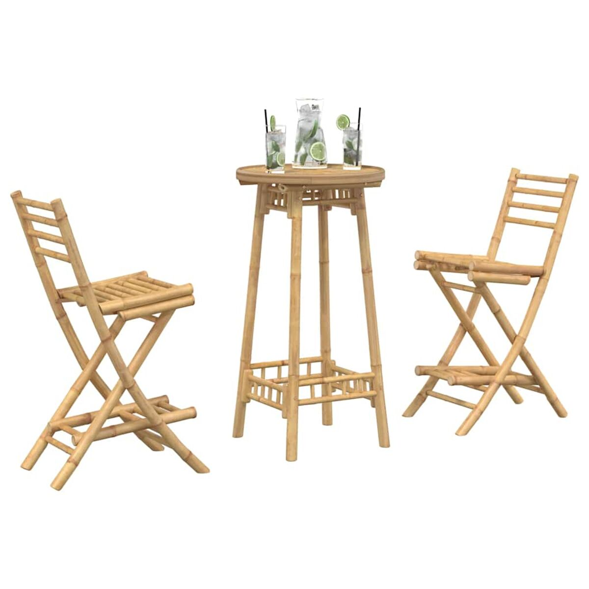 Un set da bar in bambù con un tavolo e due sedie pieghevoli, su sfondo bianco.